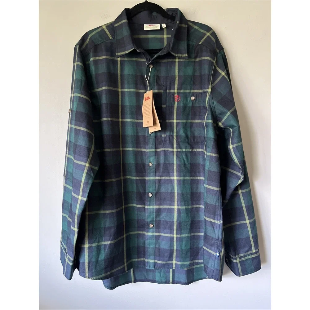 Fjallraven Flannel Shirt Men XXL 2XL Arctic Green Navy Fjallglim Plaid Cabincore